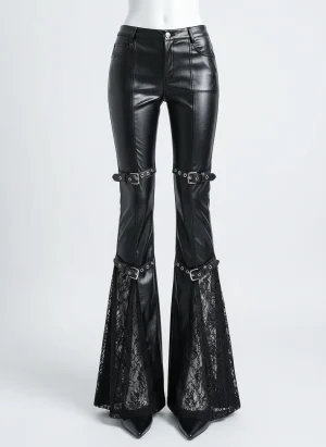 Pantalon cuir évasé boucles patchwork dentelle femme y2k - Vue 1 - Pantalon cuir