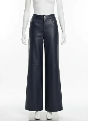 Pantalon cuir jambe large taille haute femme élégant - Vue 1 - Pantalon cuir