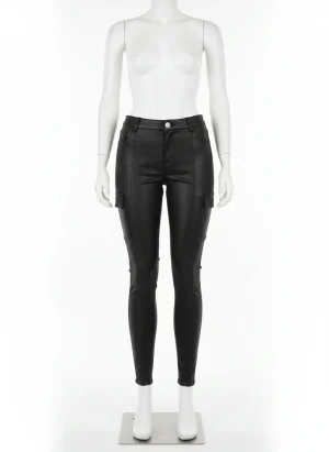 Pantalon cuir mat taille basse moulant poches femme - Vue 1 - Pantalon cuir