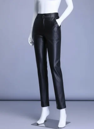 Pantalon cuir mouton taille haute coupe droite femme élégant - Vue 1 - Pantalon cuir