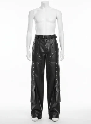 Pantalon cuir rivets jambe large homme streetwear décontracté - Vue 1 - Pantalon cuir