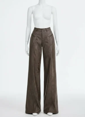 Pantalon cuir synthétique coupe large taille haute décontracté femme - Vue 1 - Pantalon cuir